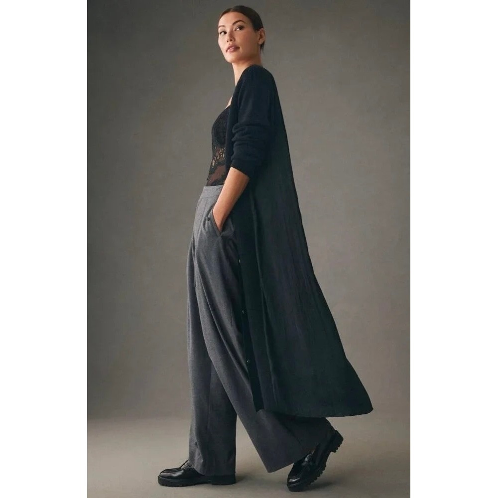 ANTHROPOLOGIE Long Twofer Cardigan Sweater Black Pleated Duster Solid Medium